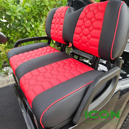 ICON Two Tone Comfort Black And Red Custom Seat Cool Touch Base With Lando Pattern And Black Stitching And Red Pipping