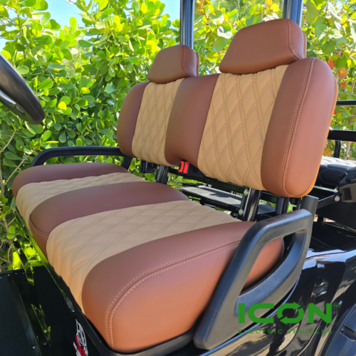 ICON Two Tone Premium Chestnut And Saddle Custom Seat Cool Touch Base With Double Diamond Pattern And Saddle Stitching