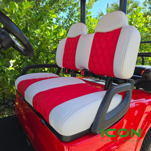 ICON Two Tone Premium White And Red Custom Seat Cool Touch Base With Double Diamond Pattern And Red Stitching