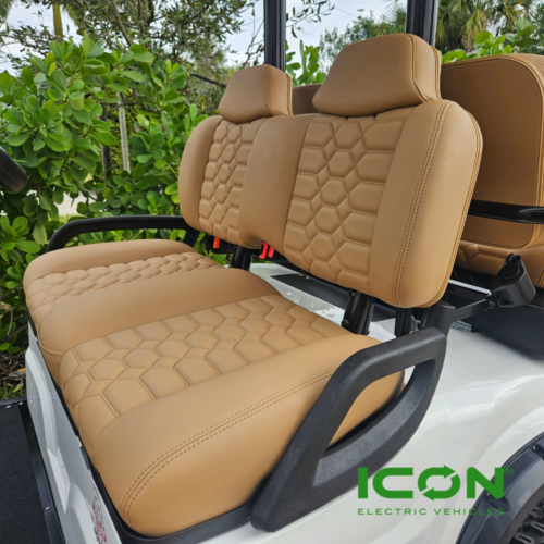 ICON Saddle Custom Premium Seat Cool Touch Base With Lando Pattern And Light Brown Stitching